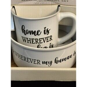 Coffee Mug and Pet Bowl Gift set Dog Human Home Love White Black Ceramic